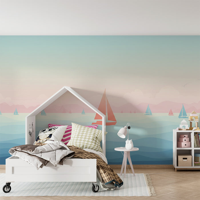 Carta da parati bambini | Velieri colorati su un mare tranquillo