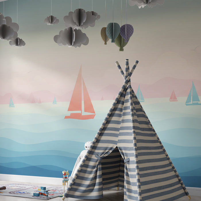 Carta da parati bambini | Velieri colorati su un mare tranquillo