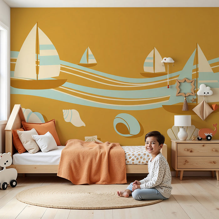 Papel de parede para quarto infantil | Veleiros e conchas sobre fundo areia