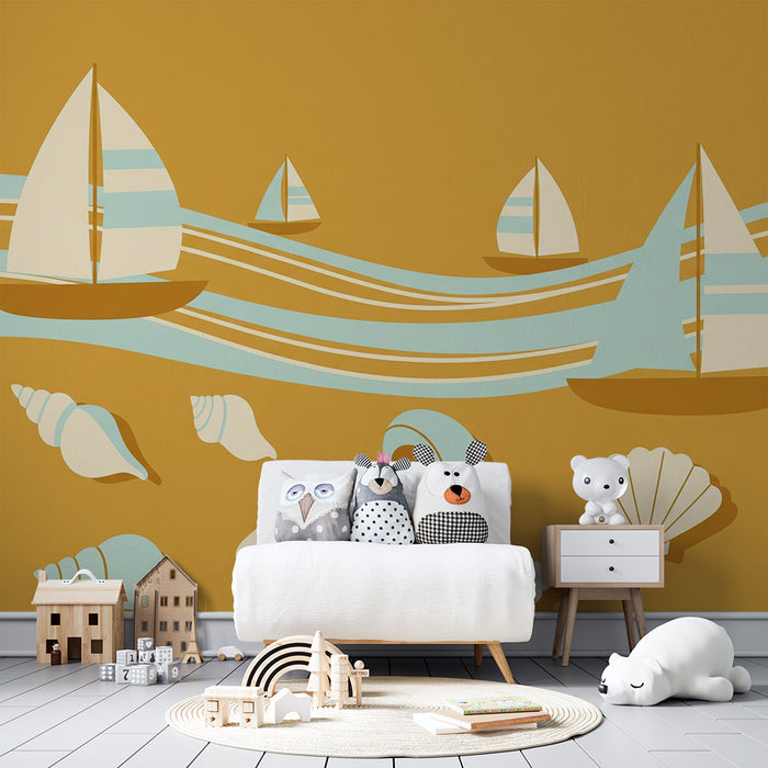 Papel de parede para quarto infantil | Veleiros e conchas sobre fundo areia