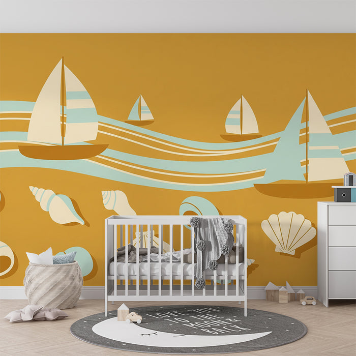 Papel de parede para quarto infantil | Veleiros e conchas sobre fundo areia