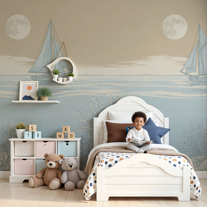 **Tapete Kinderzimmer | Segelboote und Korallen unter dem Mond**