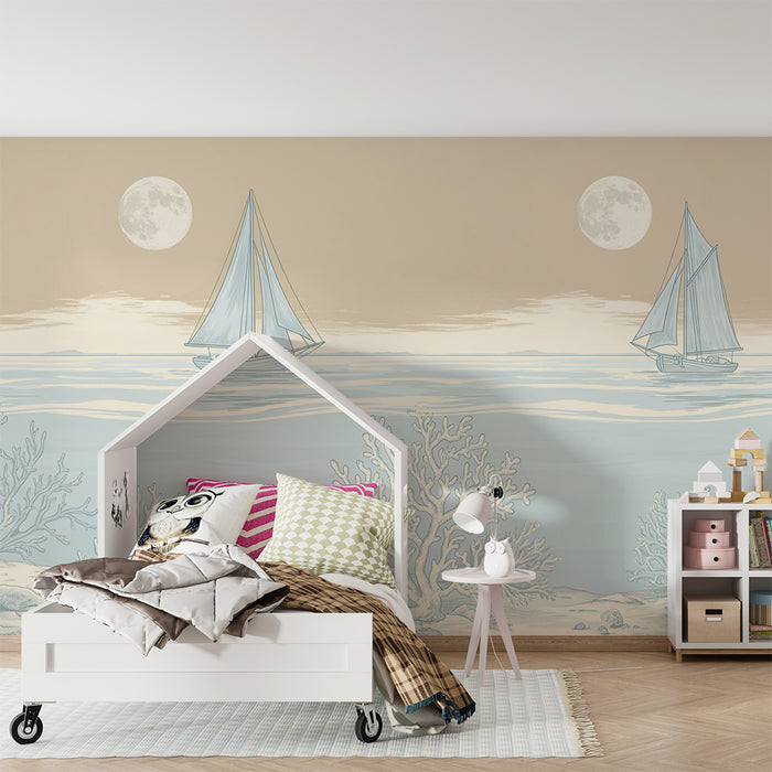 **Tapete Kinderzimmer | Segelboote und Korallen unter dem Mond**