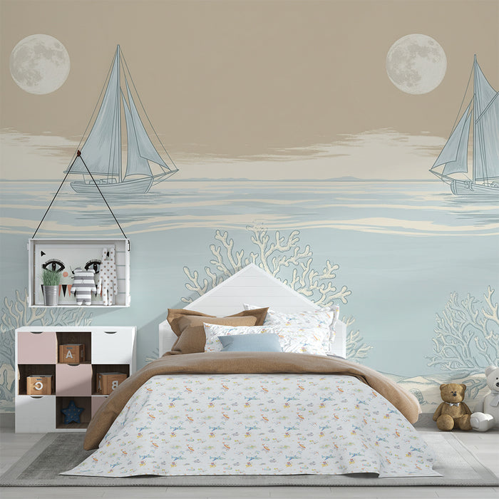 **Tapete Kinderzimmer | Segelboote und Korallen unter dem Mond**