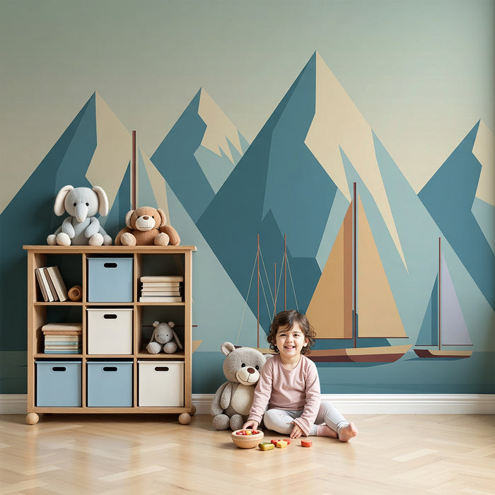 Papel de parede criança | Veleiros e montanhas estilizadas em tons suaves