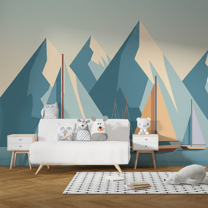 Papel de parede criança | Veleiros e montanhas estilizadas em tons suaves