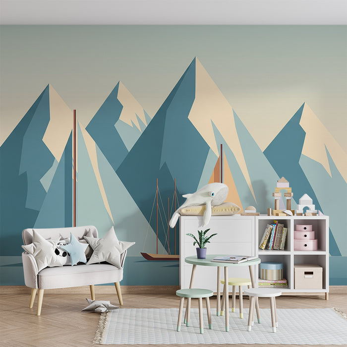 Papel de parede criança | Veleiros e montanhas estilizadas em tons suaves