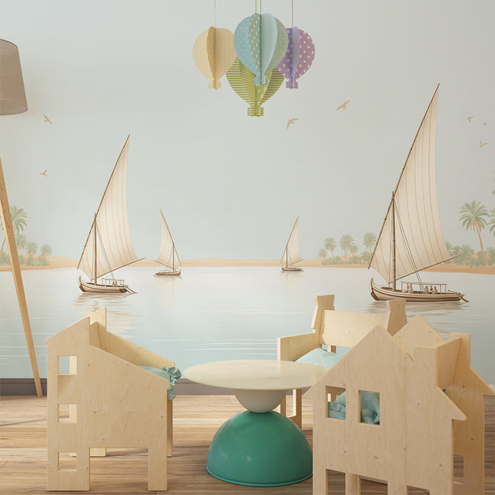Papier peint chambre enfant | Voiliers paisibles sur une mer calme avec palmiers