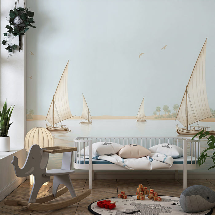 Papier peint chambre enfant | Voiliers paisibles sur une mer calme avec palmiers