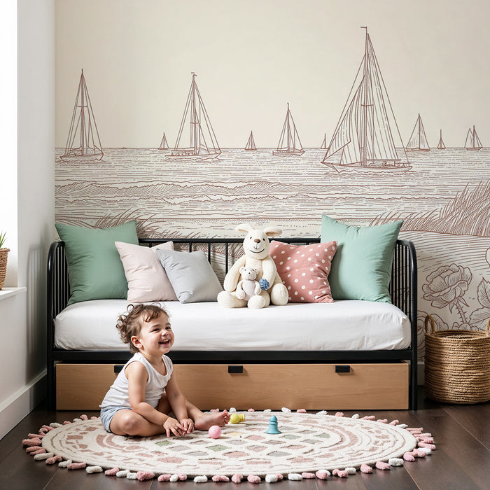 Papier peint chambre enfant | Voiliers sur la mer avec des roses délicates
