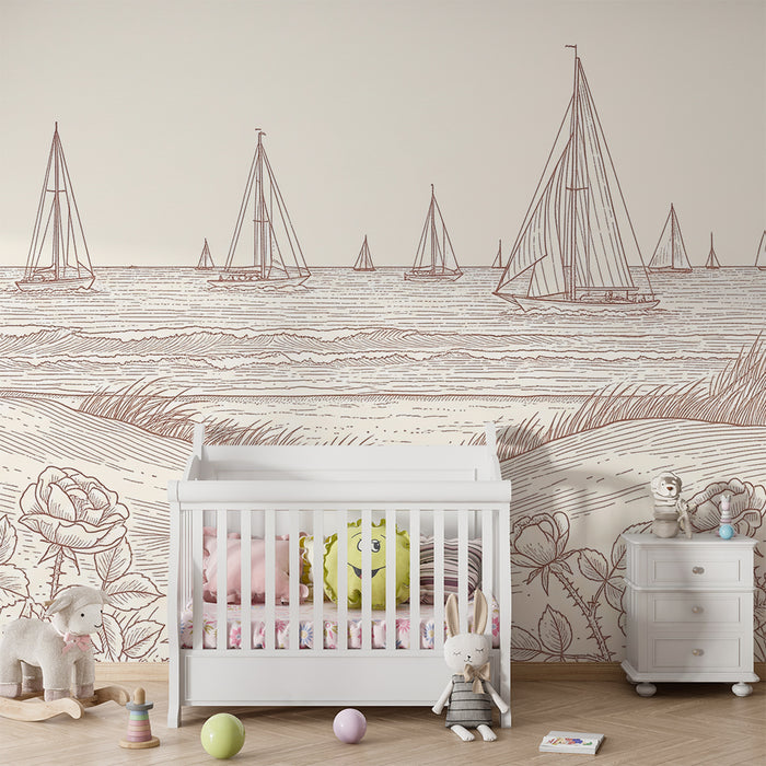 Papier peint chambre enfant | Voiliers sur la mer avec des roses délicates