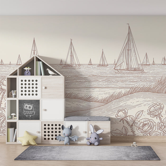 Papier peint chambre enfant | Voiliers sur la mer avec des roses délicates