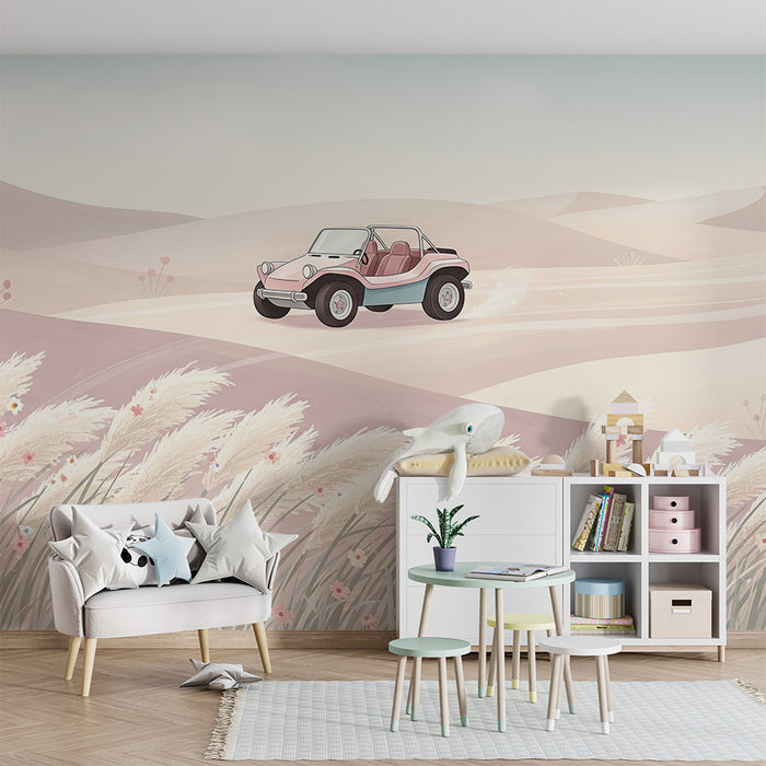 Kinderzimmer Tapete | Strandauto auf pastellfarbenem Dünenhintergrund