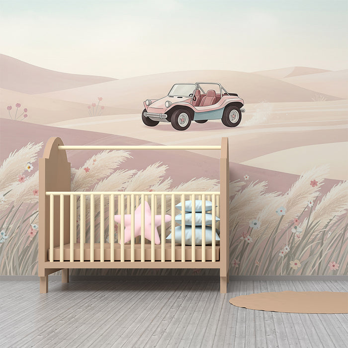 Kinderzimmer Tapete | Strandauto auf pastellfarbenem Dünenhintergrund