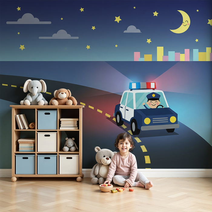 Papel de parede infantil | Carro da polícia alegre sob um céu estrelado