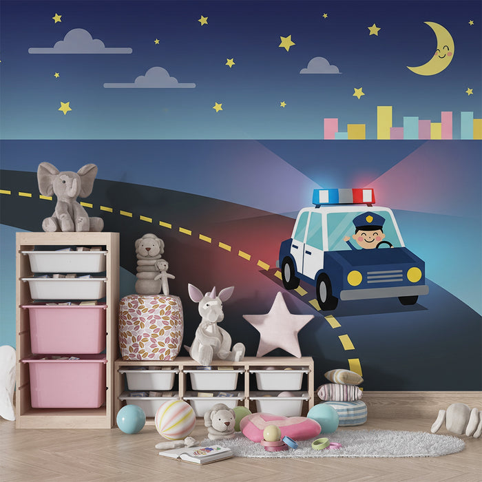 Papel de parede infantil | Carro da polícia alegre sob um céu estrelado