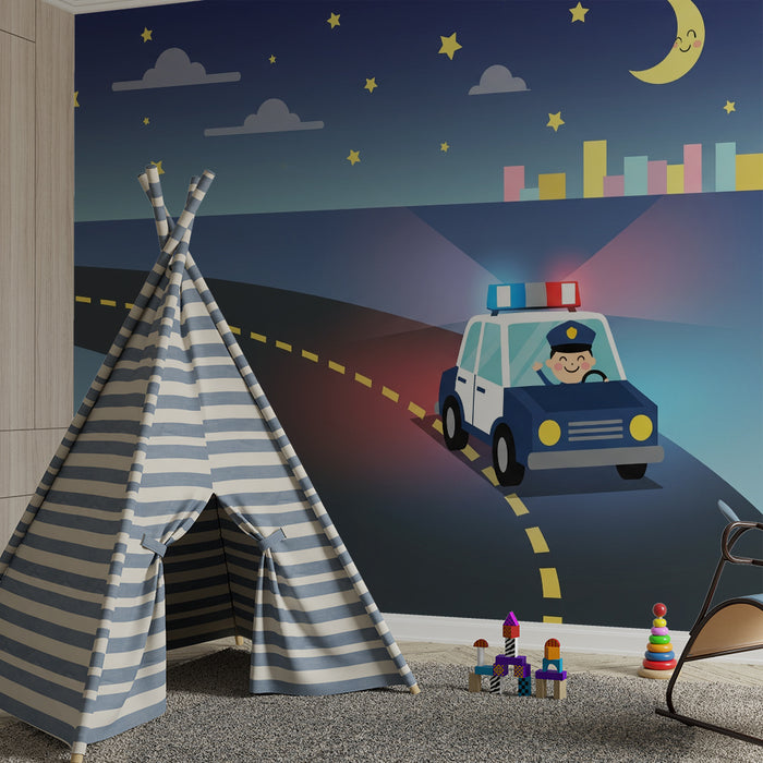 Papel de parede infantil | Carro da polícia alegre sob um céu estrelado