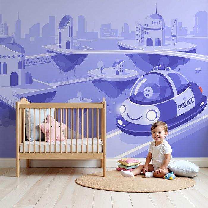 Kinderzimmer-Tapete | Lächelndes Polizeiauto in futuristischer Stadt