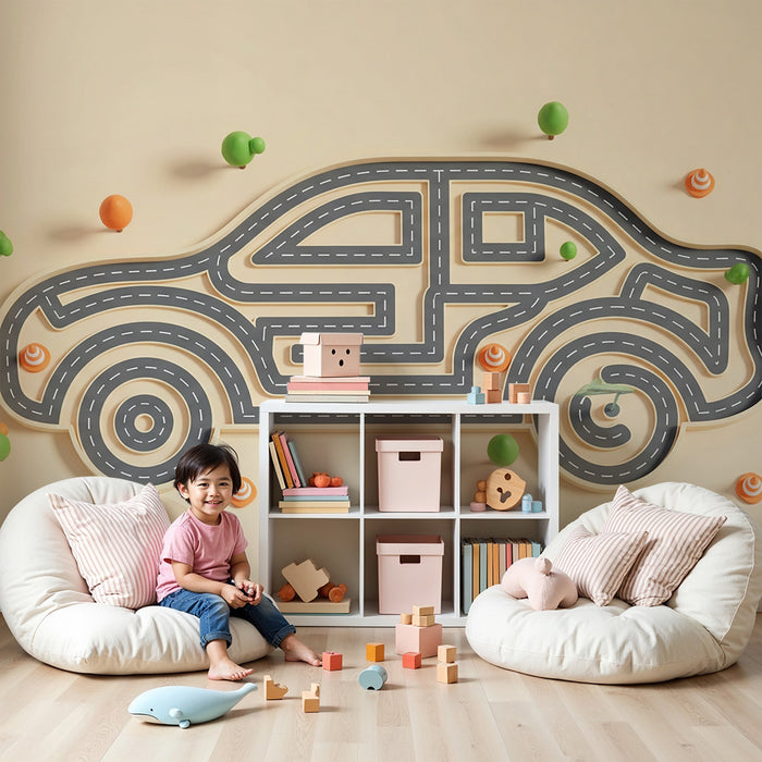 Carta da parati bambini | Auto giocattolo con strada e elementi colorati