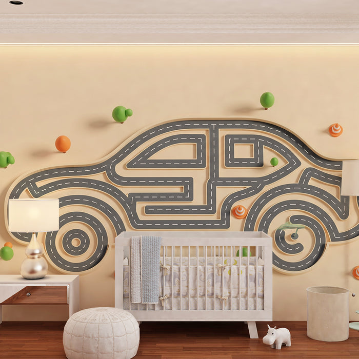 Carta da parati bambini | Auto giocattolo con strada e elementi colorati