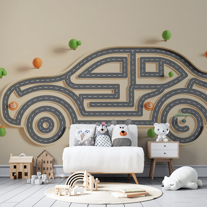 Carta da parati bambini | Auto giocattolo con strada e elementi colorati