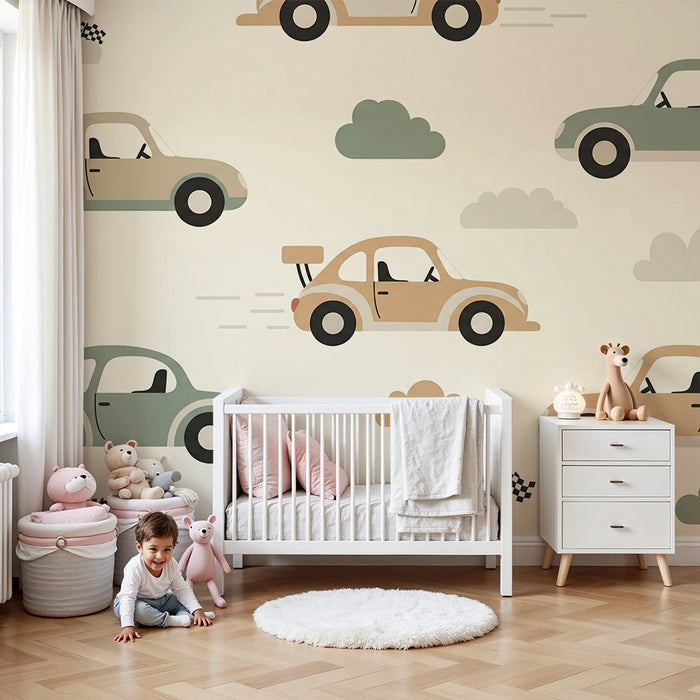Papier peint chambre enfant | Voitures colorées en mouvement avec nuages doux