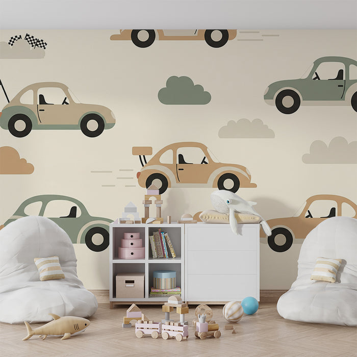Papier peint chambre enfant | Voitures colorées en mouvement avec nuages doux