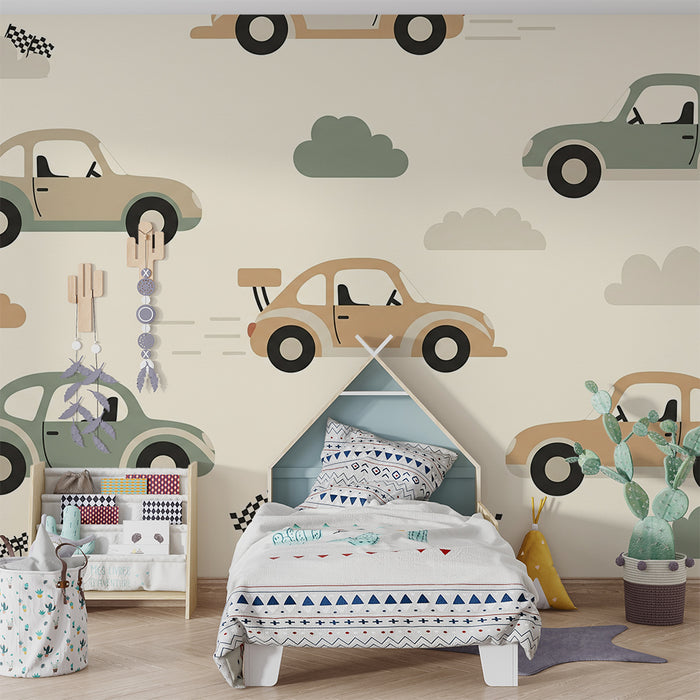 Papier peint chambre enfant | Voitures colorées en mouvement avec nuages doux