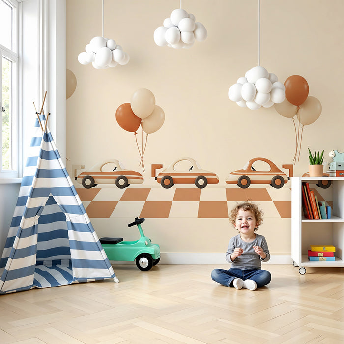 Papier peint chambre enfant | Voitures colorées et ballons sur une piste de course