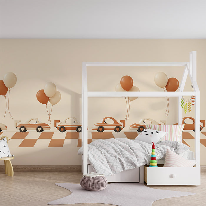 Papier peint chambre enfant | Voitures colorées et ballons sur une piste de course