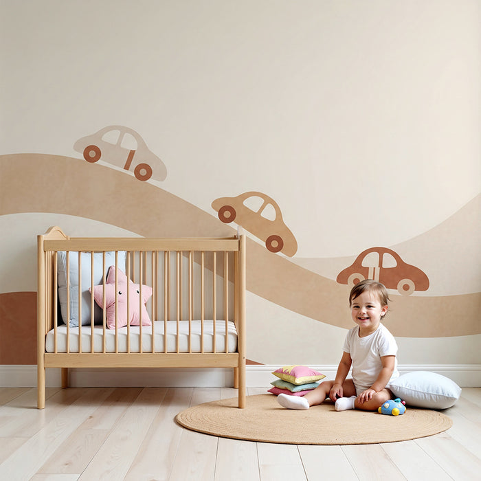 Papier peint chambre enfant | Voitures colorées sur de douces collines