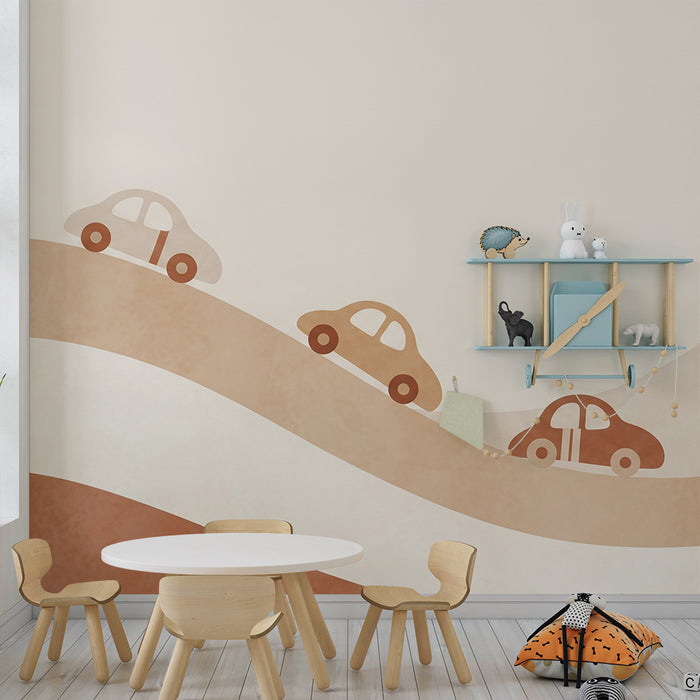 Papier peint chambre enfant | Voitures colorées sur de douces collines