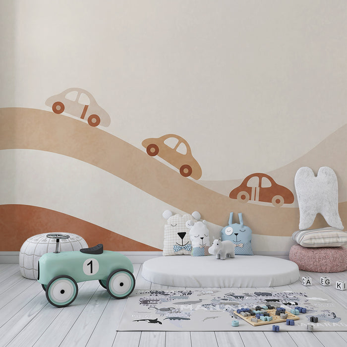 Papier peint chambre enfant | Voitures colorées sur de douces collines