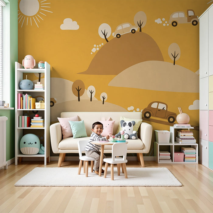 Papier peint chambre enfant | Voitures colorées sur des collines ensoleillées