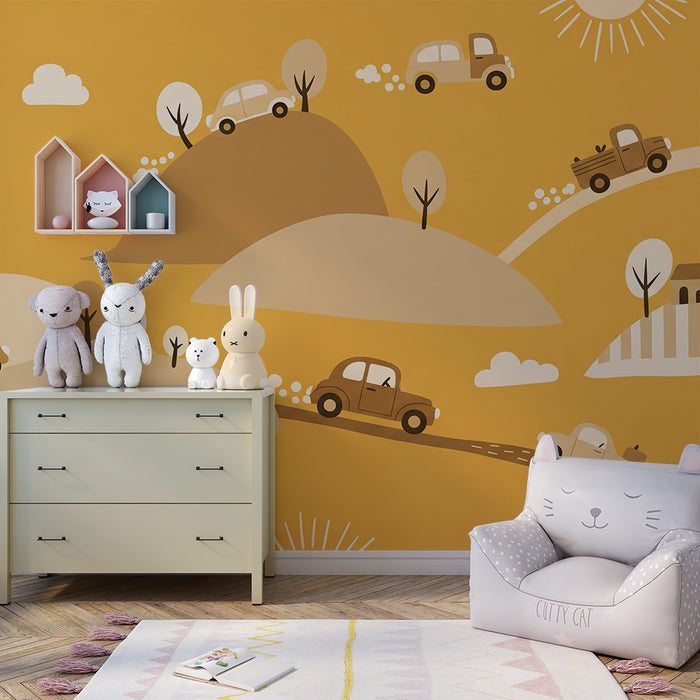 Papier peint chambre enfant | Voitures colorées sur des collines ensoleillées