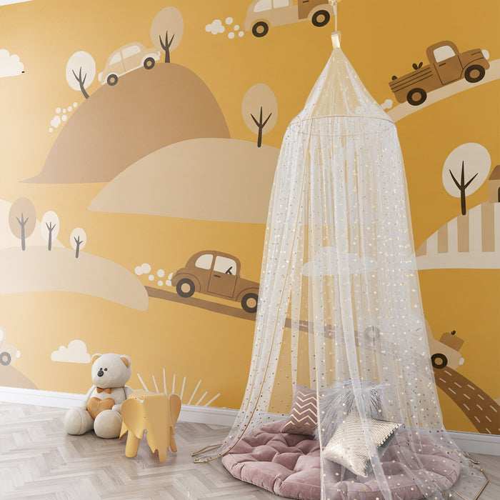 Papier peint chambre enfant | Voitures colorées sur des collines ensoleillées