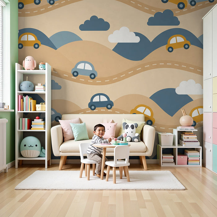 Papier peint chambre enfant | Voitures colorées sur des collines ondulantes