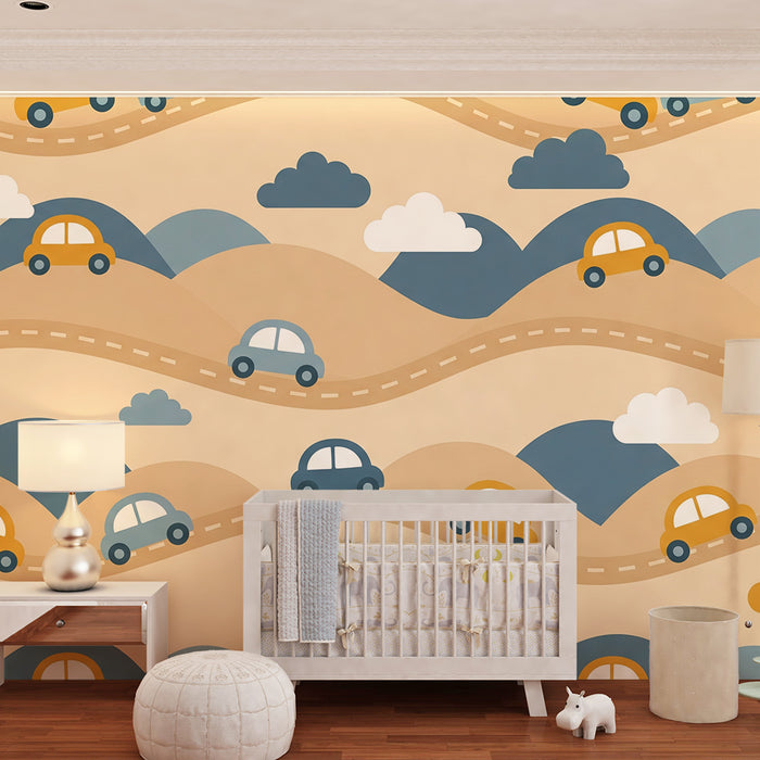 Papier peint chambre enfant | Voitures colorées sur des collines ondulantes