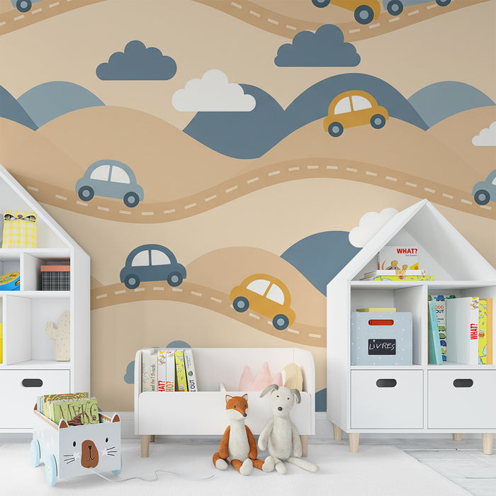 Papier peint chambre enfant | Voitures colorées sur des collines ondulantes