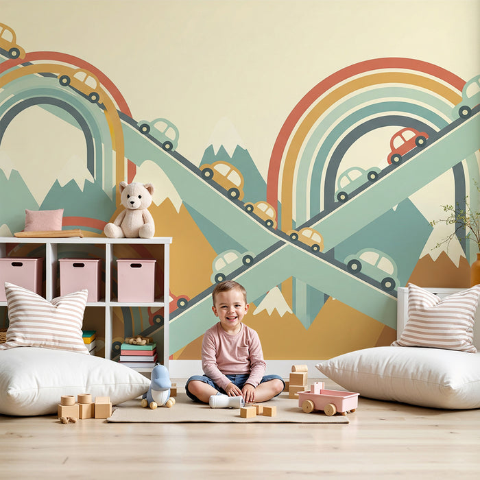 Behang voor kinderkamer | Kleurrijke auto's op bochtige wegen en regenbogen