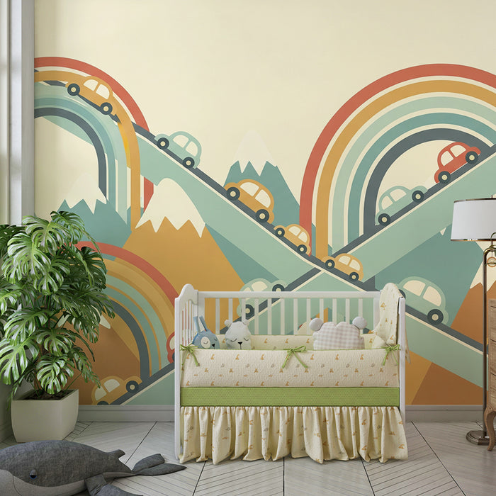 Behang voor kinderkamer | Kleurrijke auto's op bochtige wegen en regenbogen