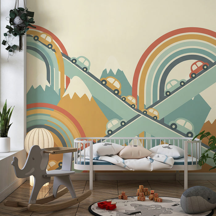 Behang voor kinderkamer | Kleurrijke auto's op bochtige wegen en regenbogen