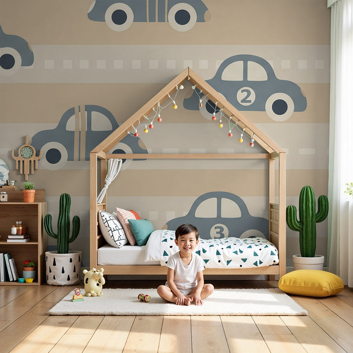 Carta da parati per camera bambini | Macchine colorate su strada a righe morbide