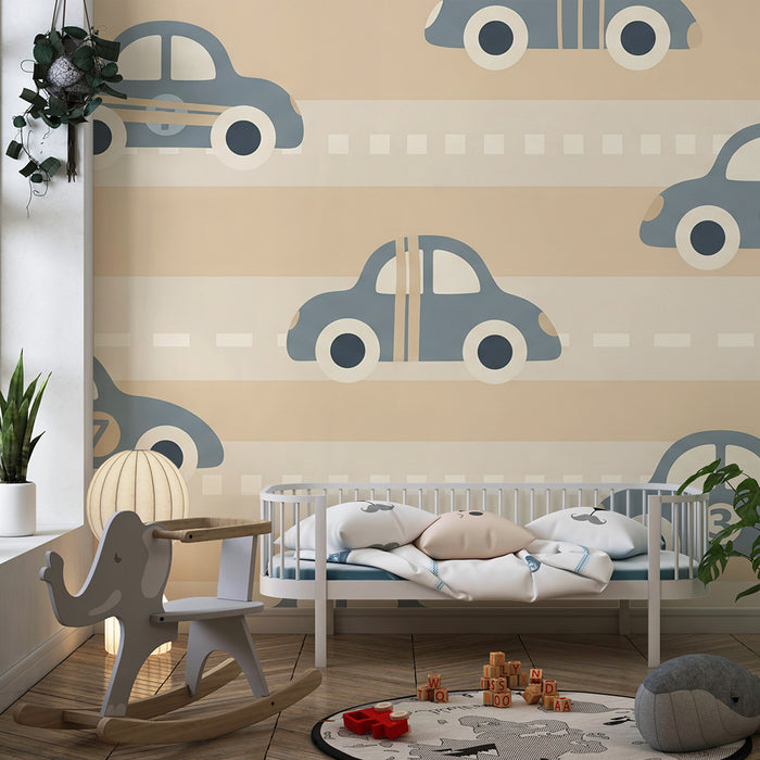 Carta da parati per camera bambini | Macchine colorate su strada a righe morbide