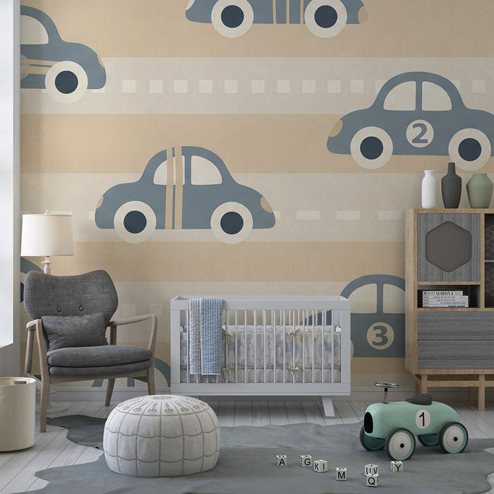 Carta da parati per camera bambini | Macchine colorate su strada a righe morbide