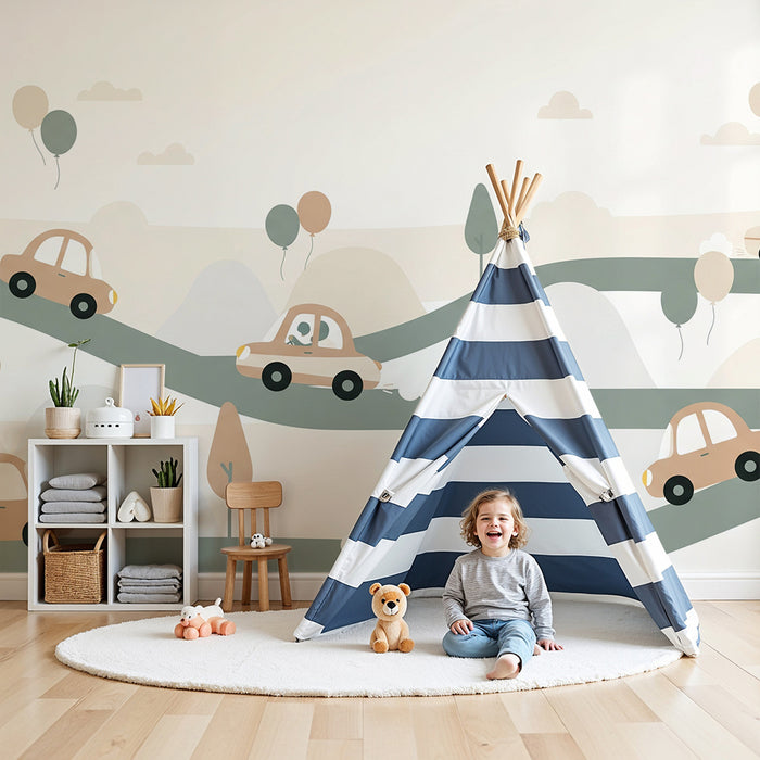Papel de parede infantil | Carros coloridos em estradas sinuosas com balões