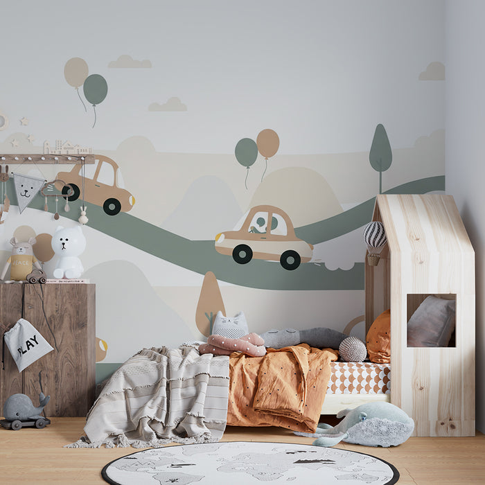 Papel de parede infantil | Carros coloridos em estradas sinuosas com balões
