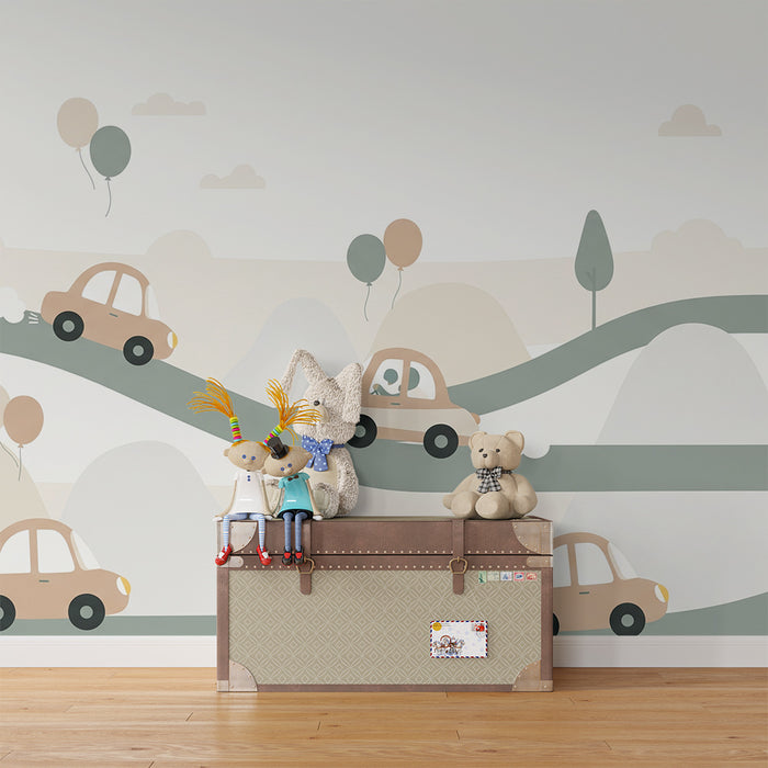 Papel de parede infantil | Carros coloridos em estradas sinuosas com balões