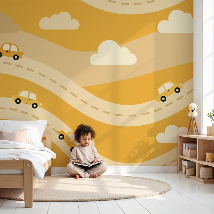 Papel de parede para quarto infantil | Carros coloridos em estradas sinuosas em tons amarelos