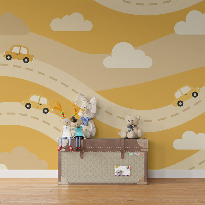 Papel de parede para quarto infantil | Carros coloridos em estradas sinuosas em tons amarelos